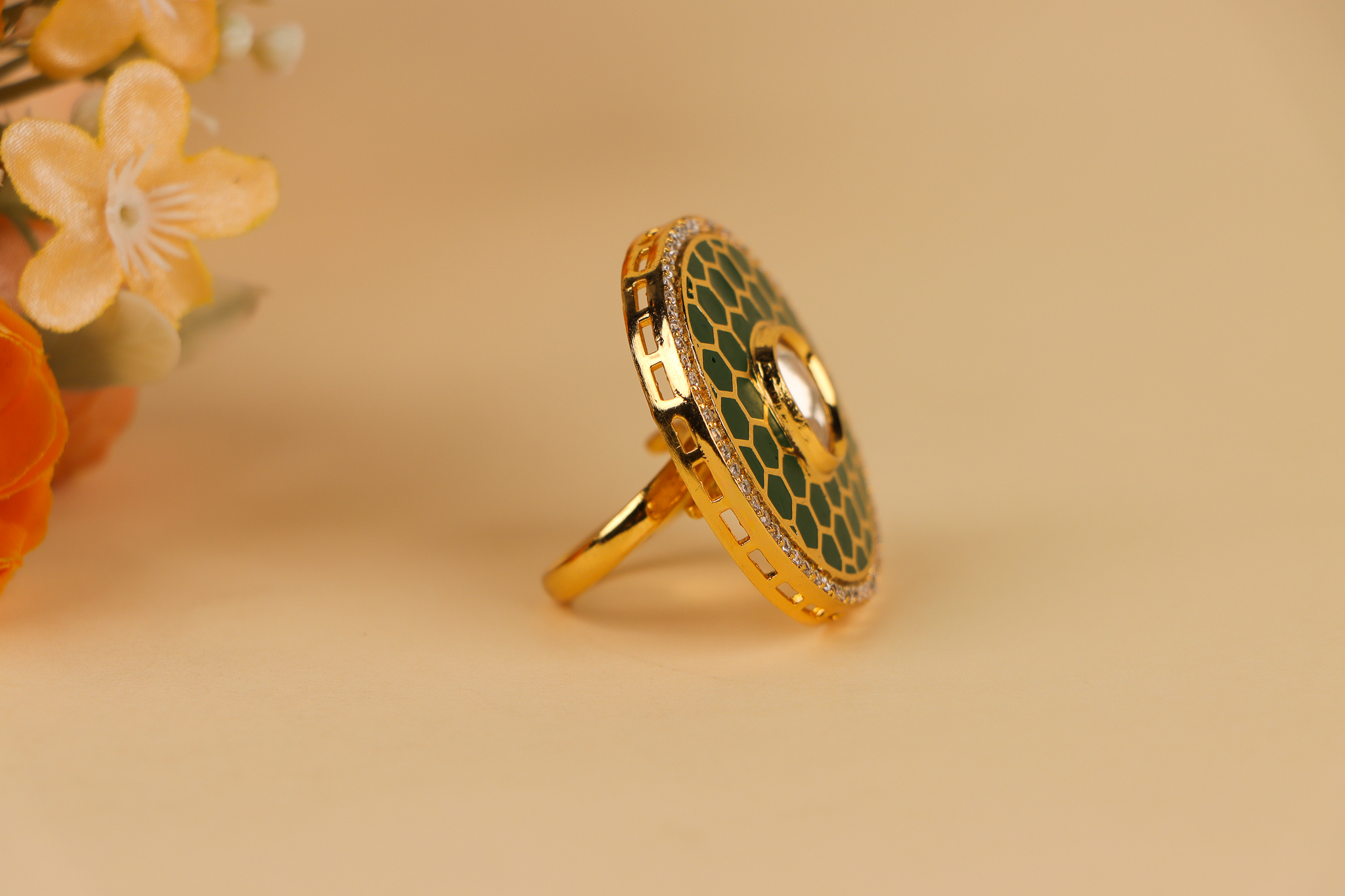 Faux Emerald Rhinestone Golden Ring Costume Jewelry Men - Temu