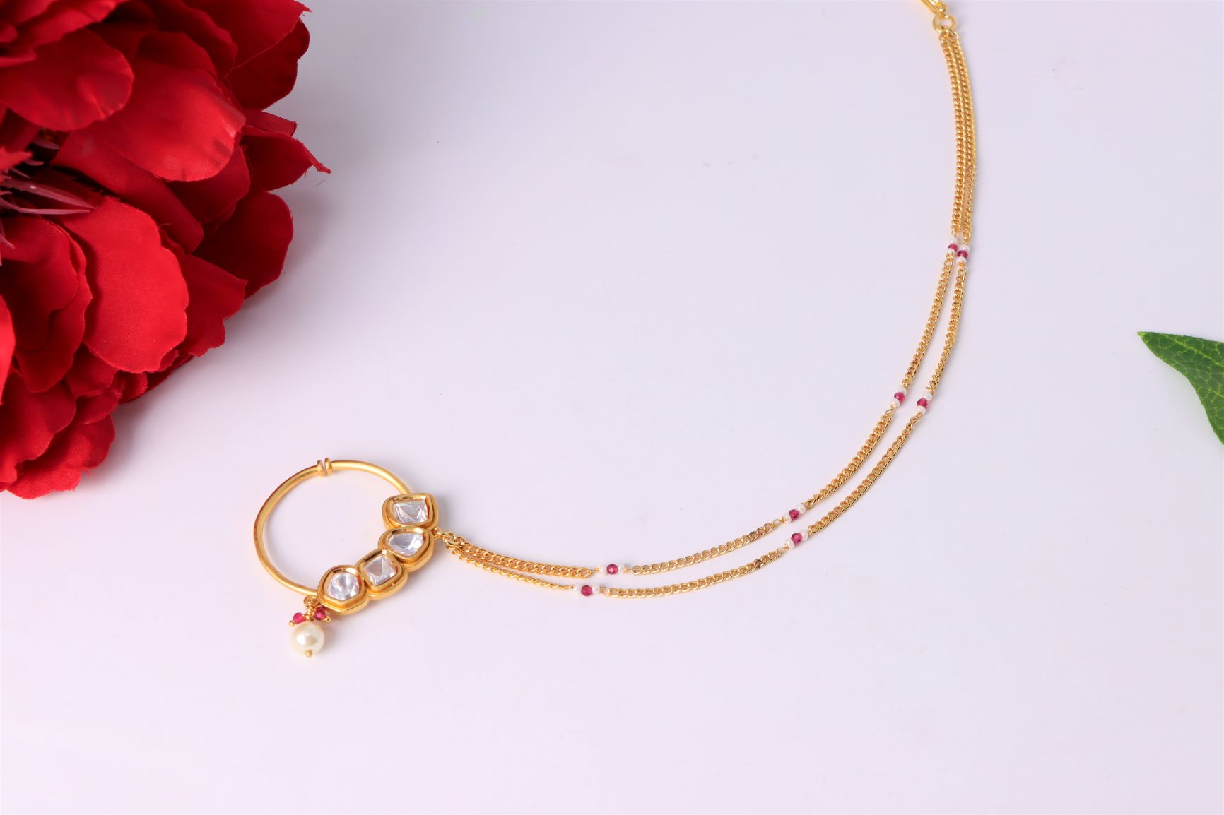 Golden Jadau Kundan Nose Ring With Tripple Pearl Layered Chain For Women |  eBay